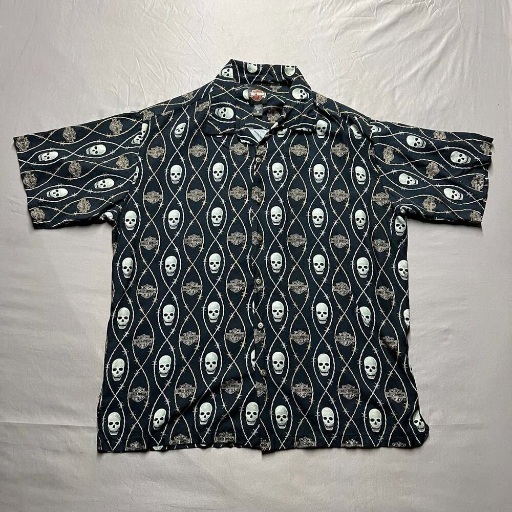 Harley Davidson Skull Barb Wire Print Button Up Shirt Men's Size Medium